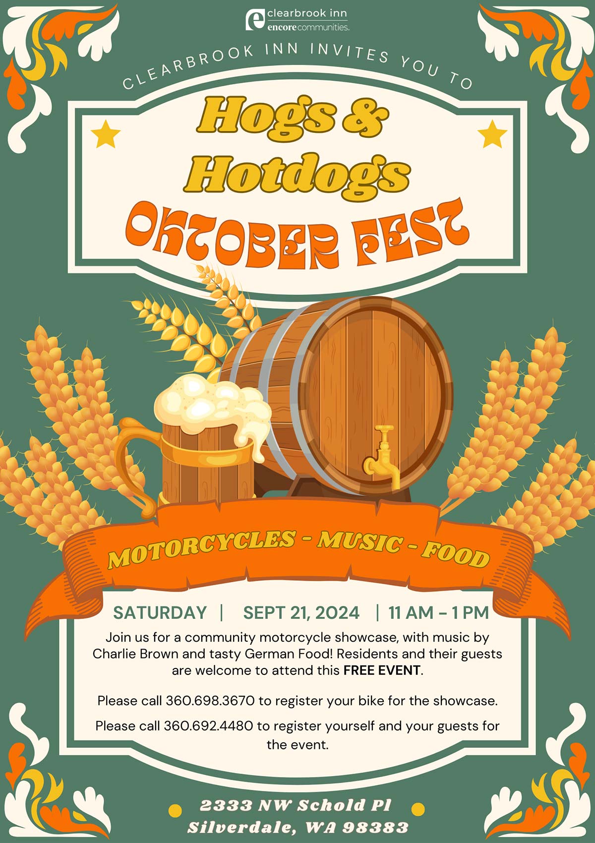 Clearbrook Inn invites you to Hogs & Hotdogs Oktober Fest - Motorcycles, Music, and Food - September 21st 11:00am-1:00pm