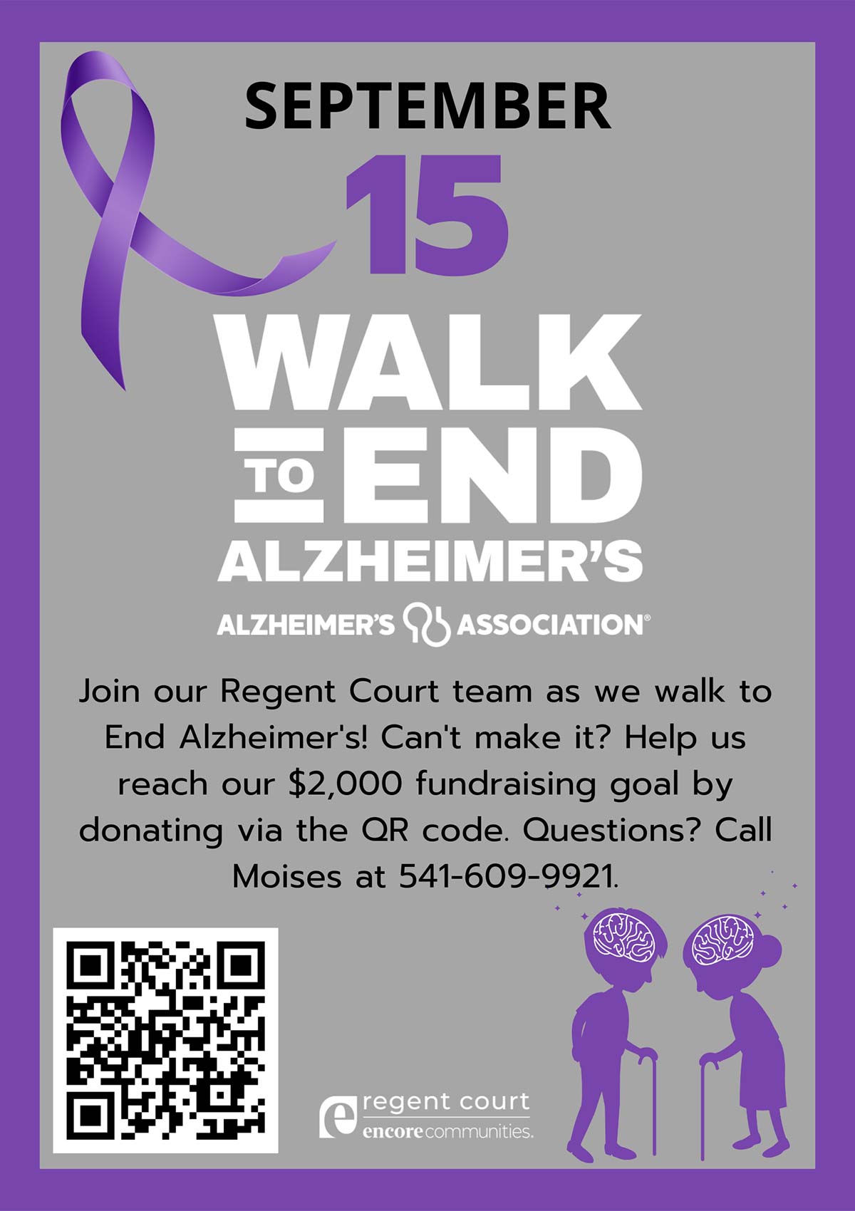 Regent Court event flyer: Walk to End Alzheimer's - September 15th, 2024