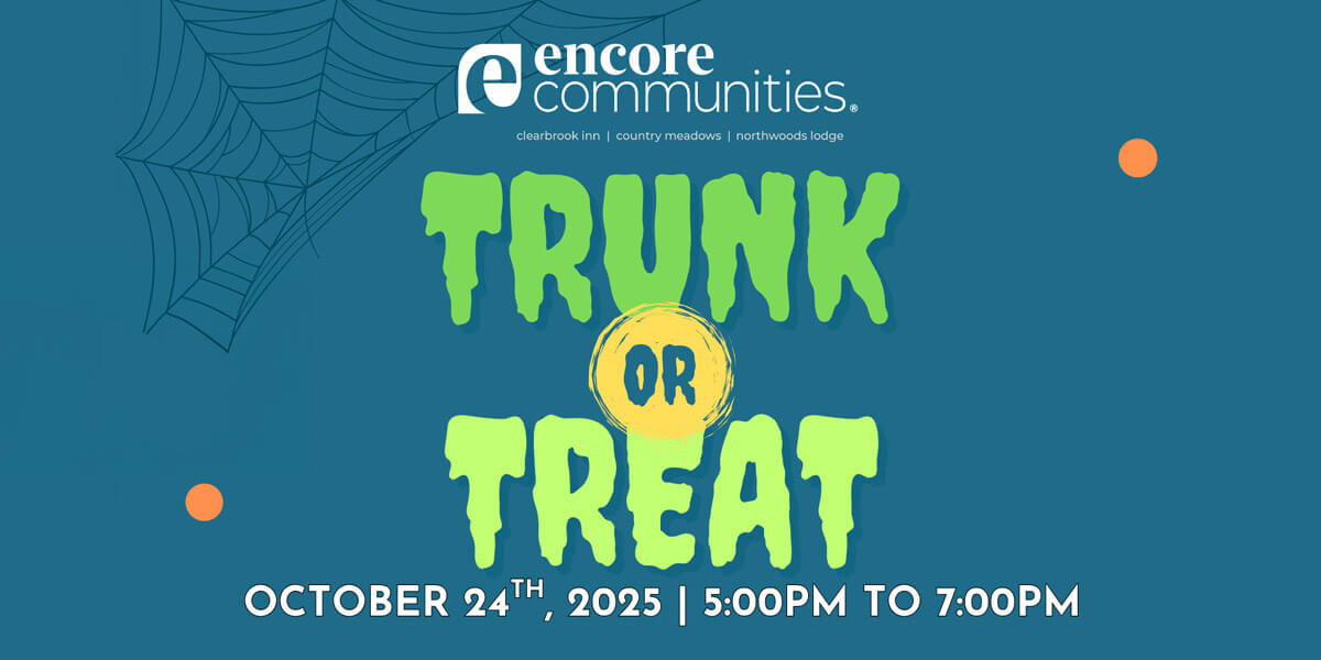 trunk_or_treat_candy_donation_banner Flyer for Encore Communities Trunk or Treat event on October 24, 2025, from 5:00 PM to 7:00 PM in Silverdale, WA, with food, drinks, and candy giveaways.
