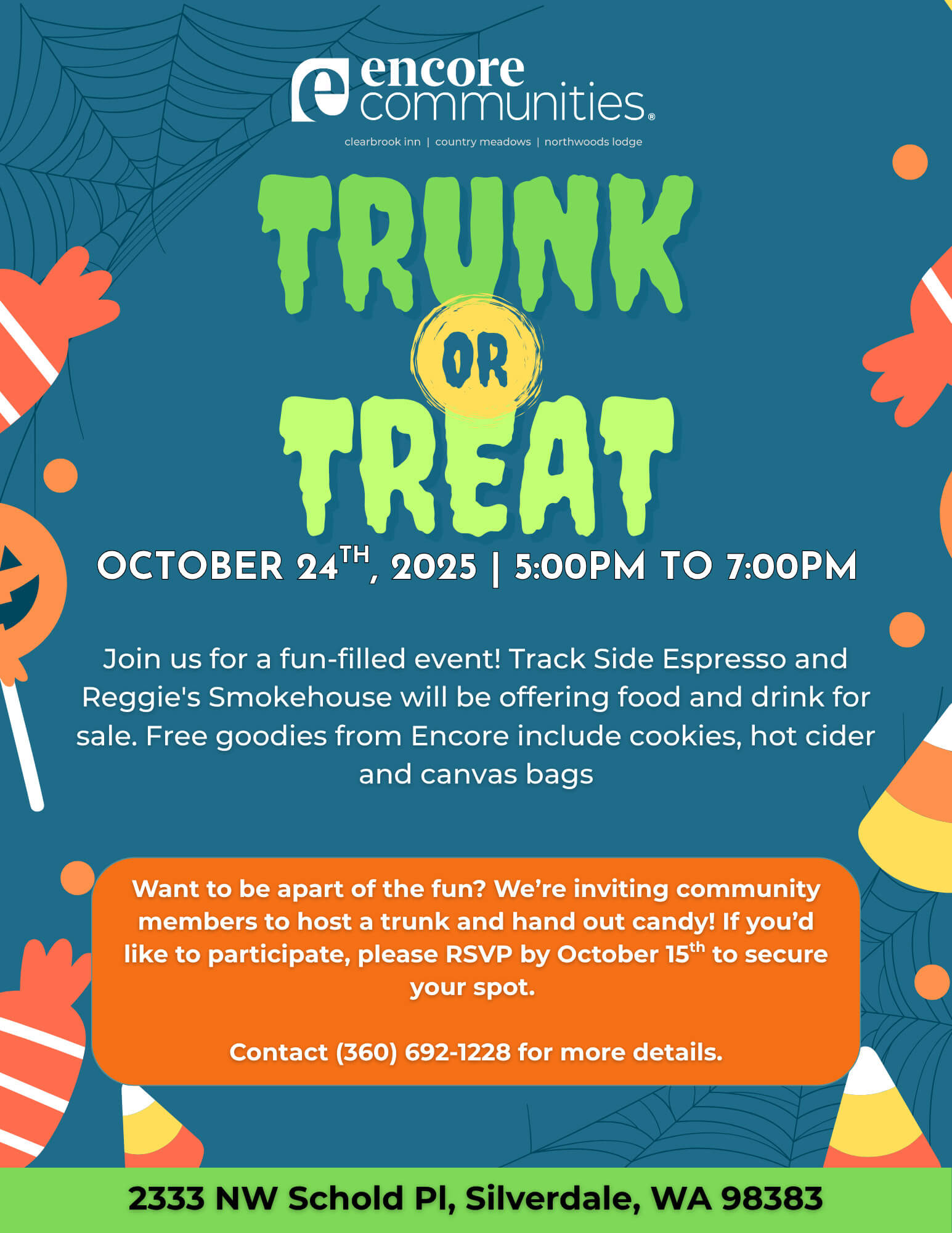 Flyer for Encore Communities Trunk or Treat event on October 24, 2025, from 5:00 PM to 7:00 PM in Silverdale, WA, with food, drinks, and candy giveaways.