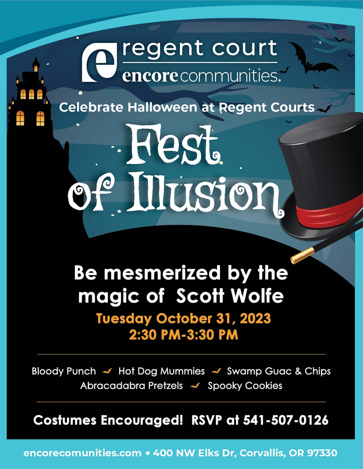 fest of illusion flier. a spooky castle in the background and a top hat in the foreground